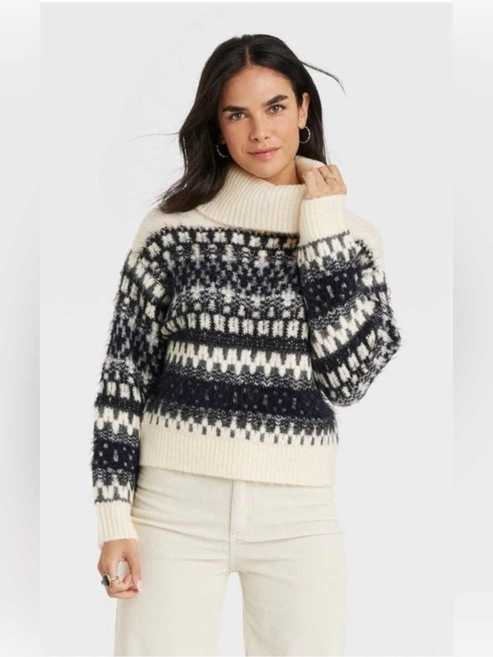 Universal Thread Fair Isle Cowl Turtleneck Sweater Small Black Cream White